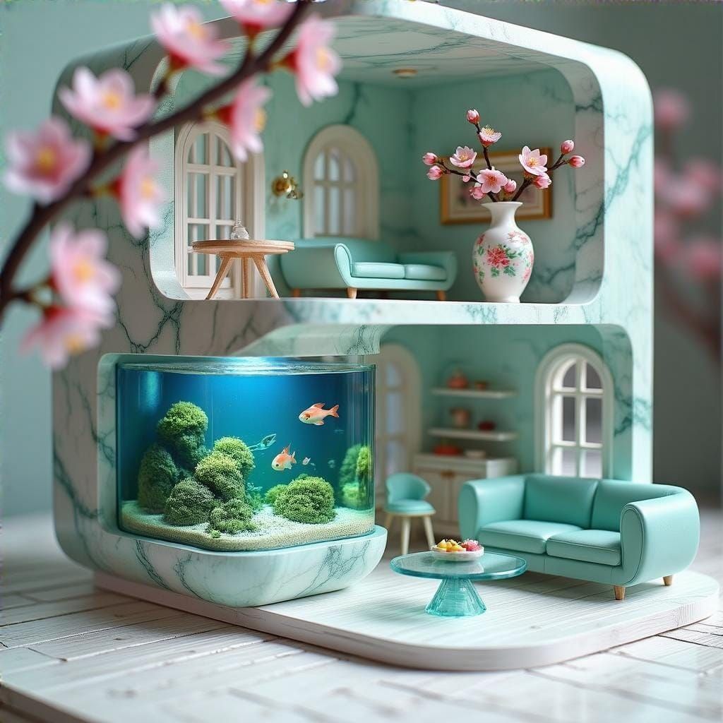 Futuristic Doll's House Interior in Mint and Teal Marble Sty...