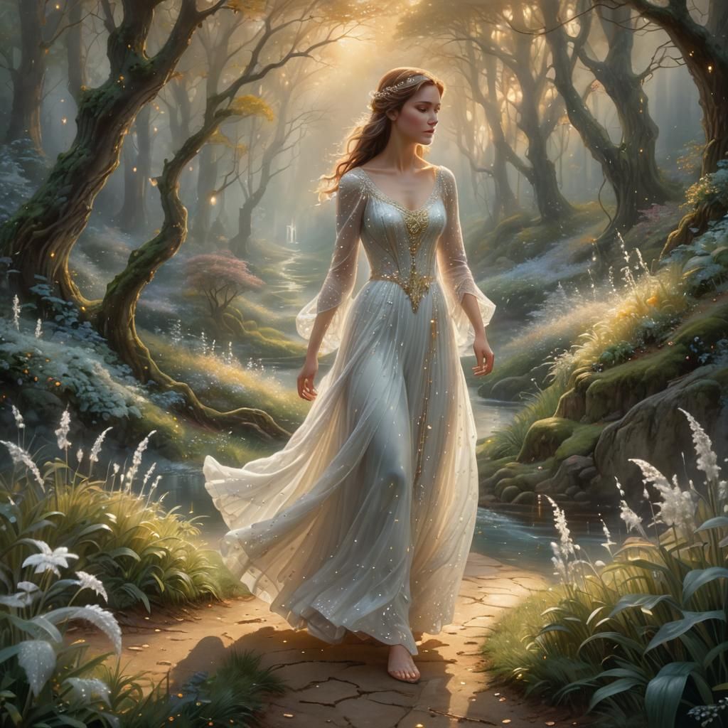 Ethereal Woman Creates Water Crystals in Forest