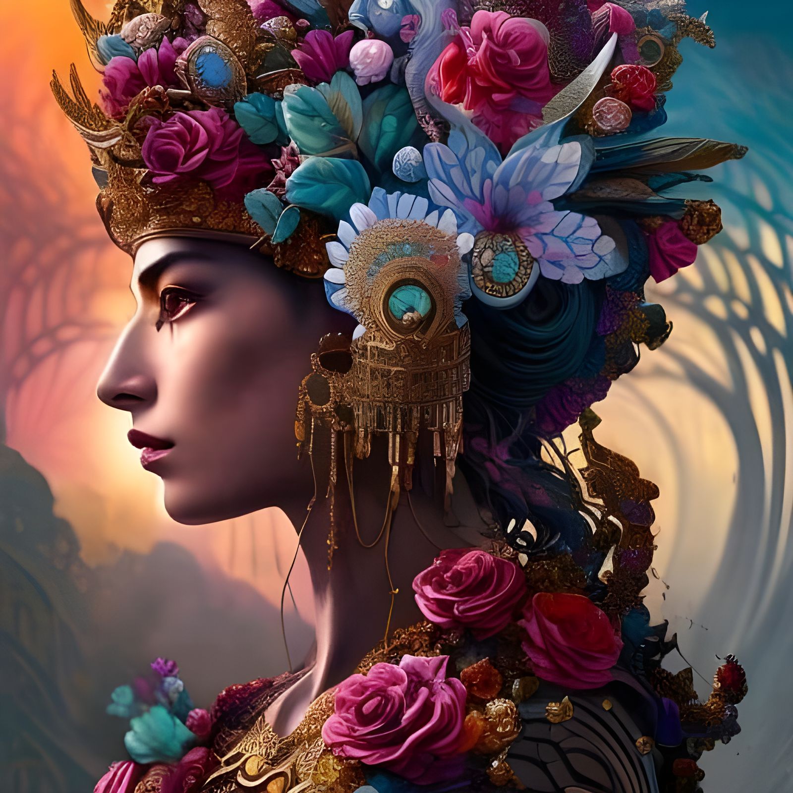 Flowerpunk Masked Statue in Maximalist Style