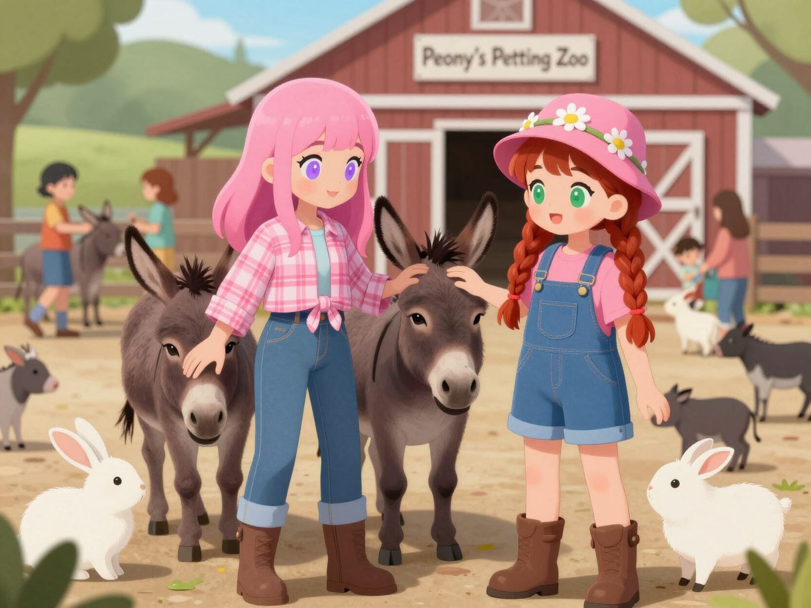 Anime Girls Petting Donkeys at Peony's Zoo