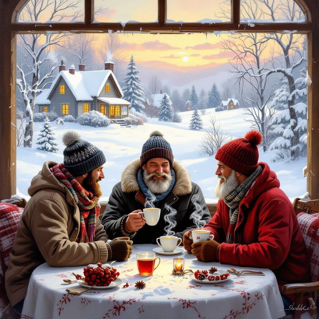 Cozy Winter: Friends Sharing Tea in Folk Art Style