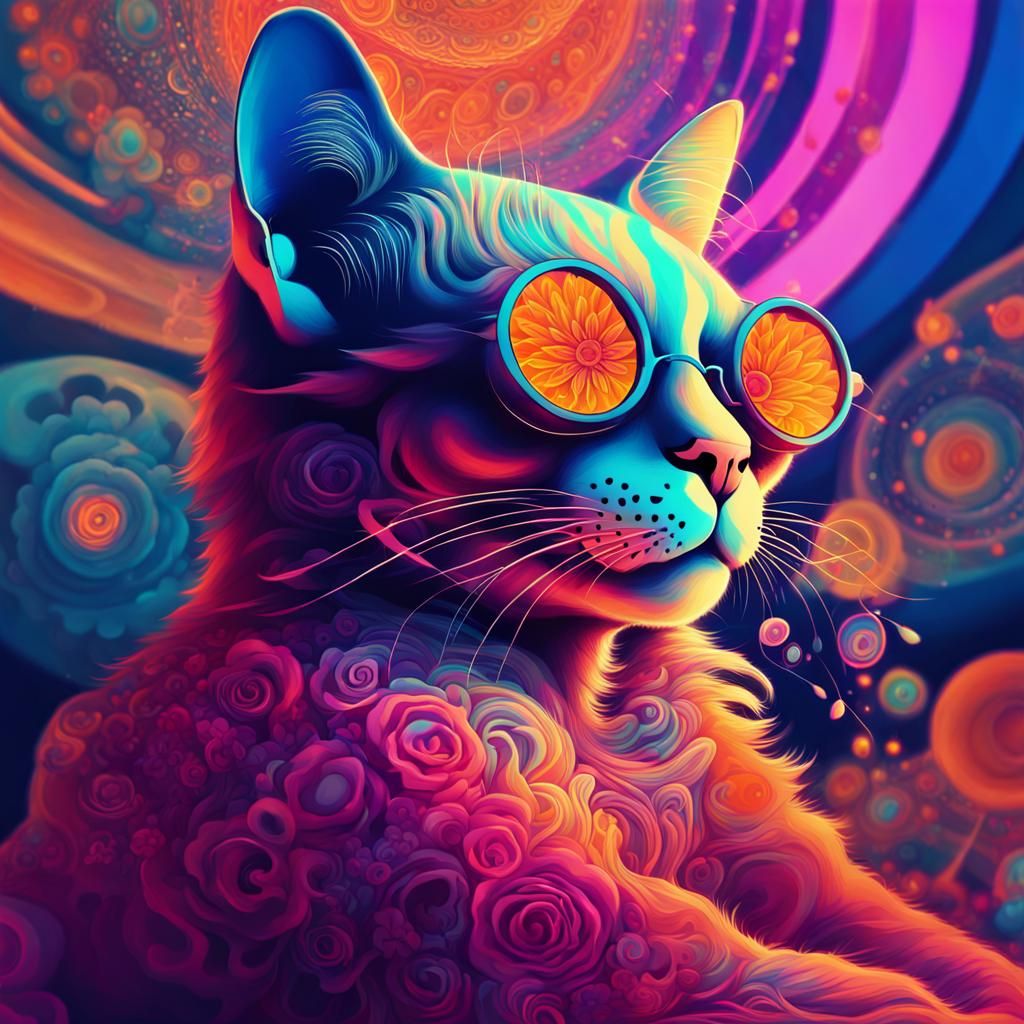 Psychedelic Cat in Dreamlike Digital Art