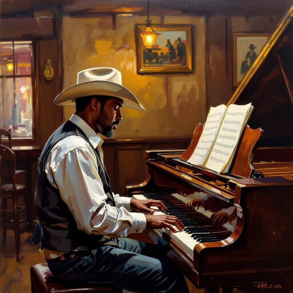 Jazz Pianist in Old Texas Saloon Oil Painting