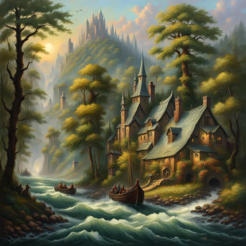 Idyllic Riverside Town in Forest, Oil Painting