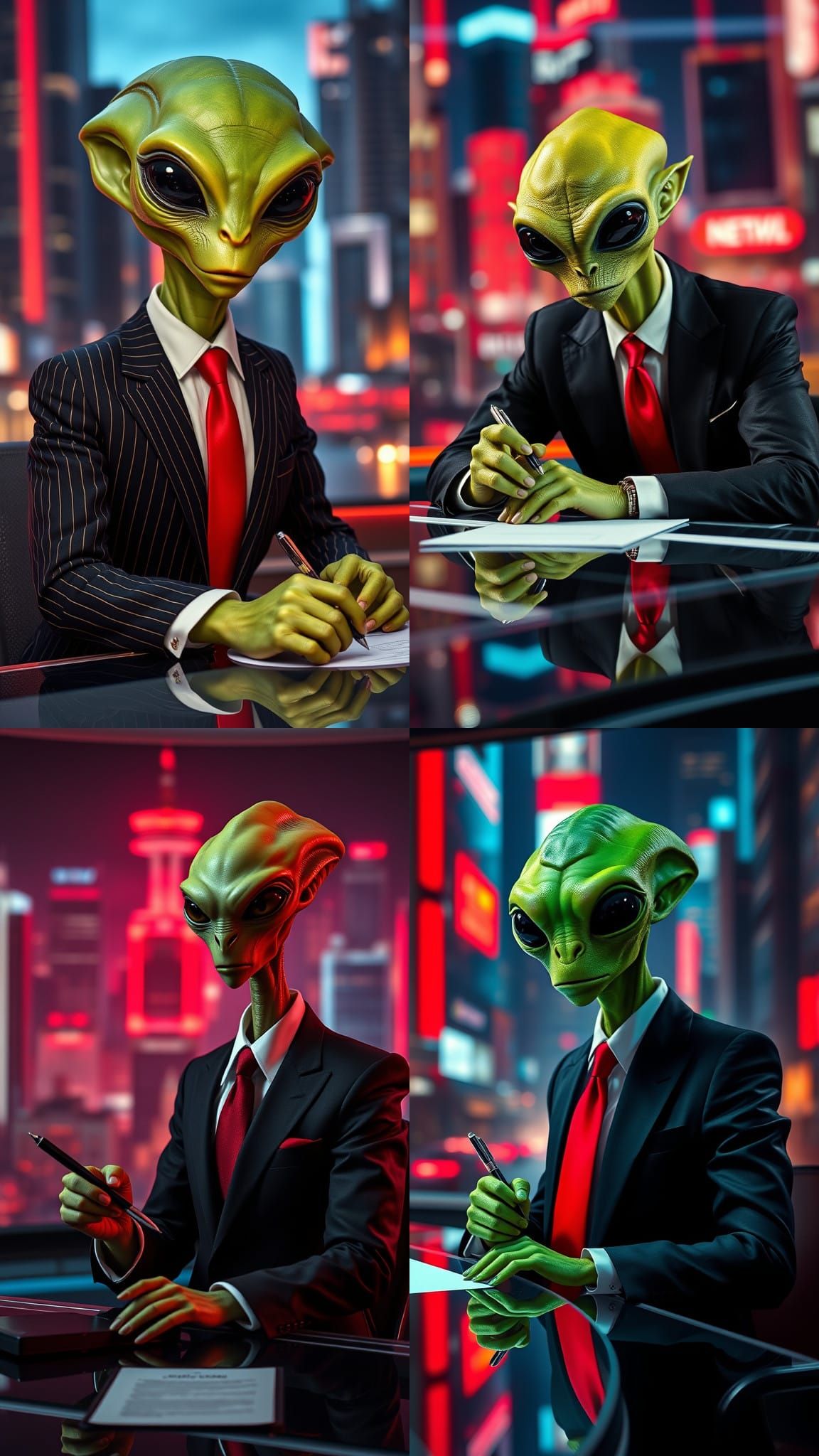 Alien News Anchor in Futuristic Cityscape