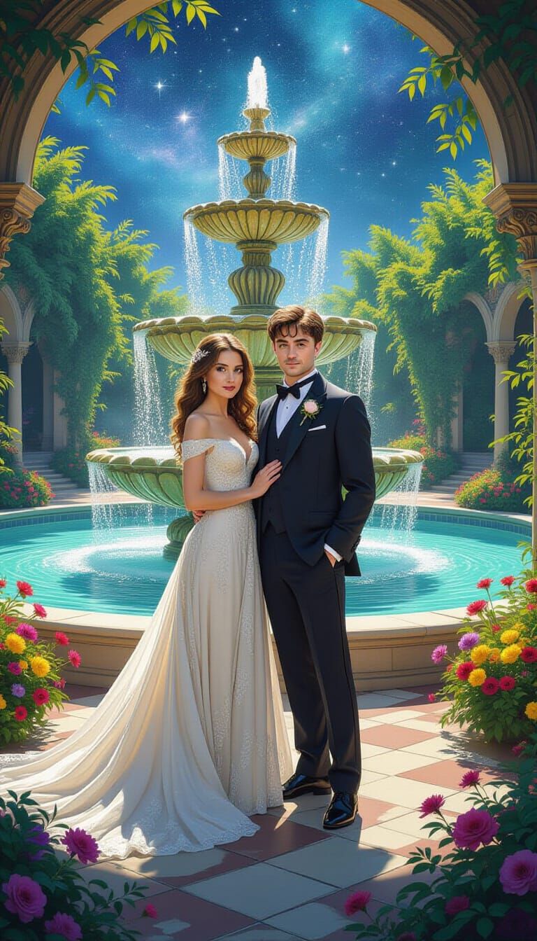 Oasis Fountain with Figures in Astral Cosmic Illustration