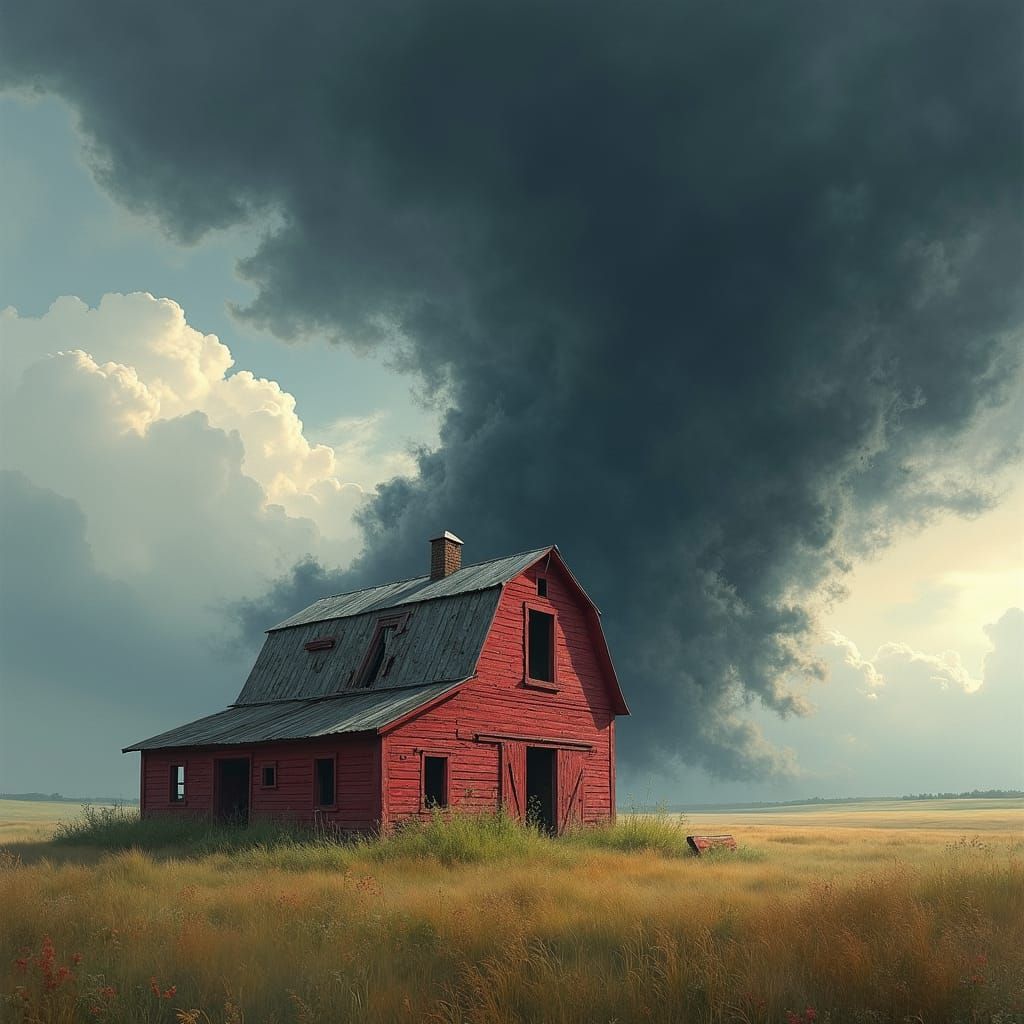 Red Barn in Tornado, Hyperrealistic Digital Painting