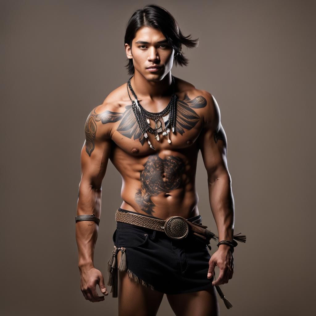 Handsome Native American Boy Portrait with Tribal Tattoos