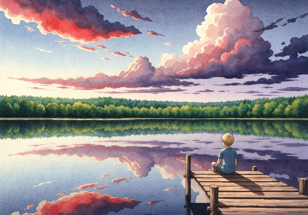 Boy on Pier at Lake, Watercolor Landscape