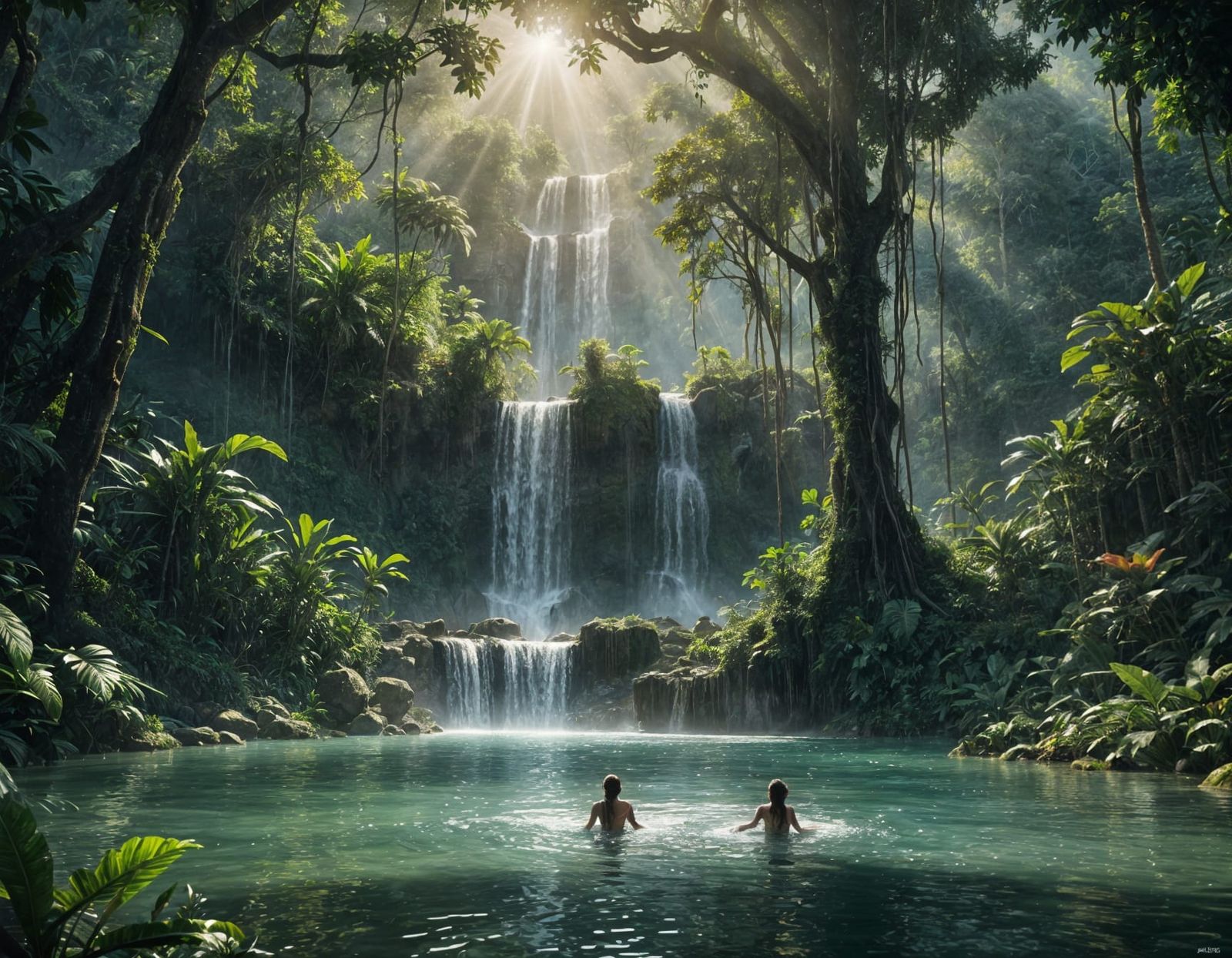 Woman Swimming in Jungle Waterfall with Volumetric Lighting