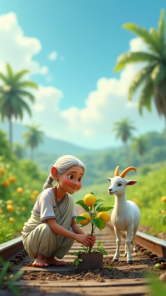 Elderly Woman Plants Lemon Tree in Whimsical Rural Setting