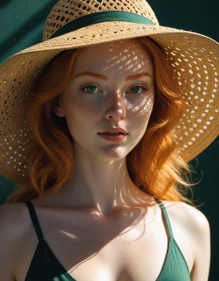 Ginger Girl in Sun Hat with Dramatic Light and Shadow