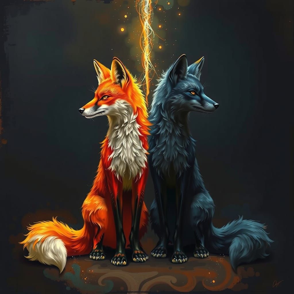 Light and Dark Foxes in Epic High-Contrast Digital Painting