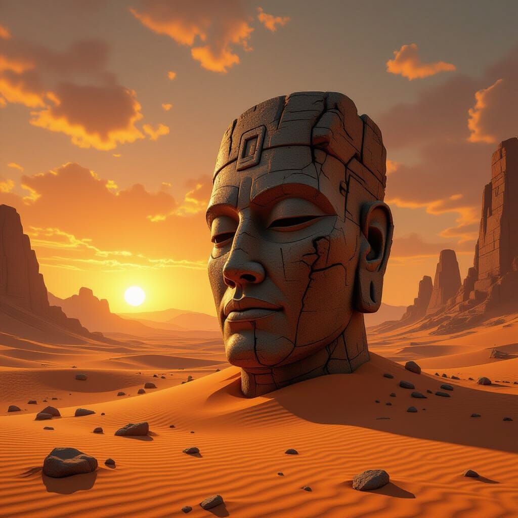 Colossal Alien Stone Head in Desert Ruins