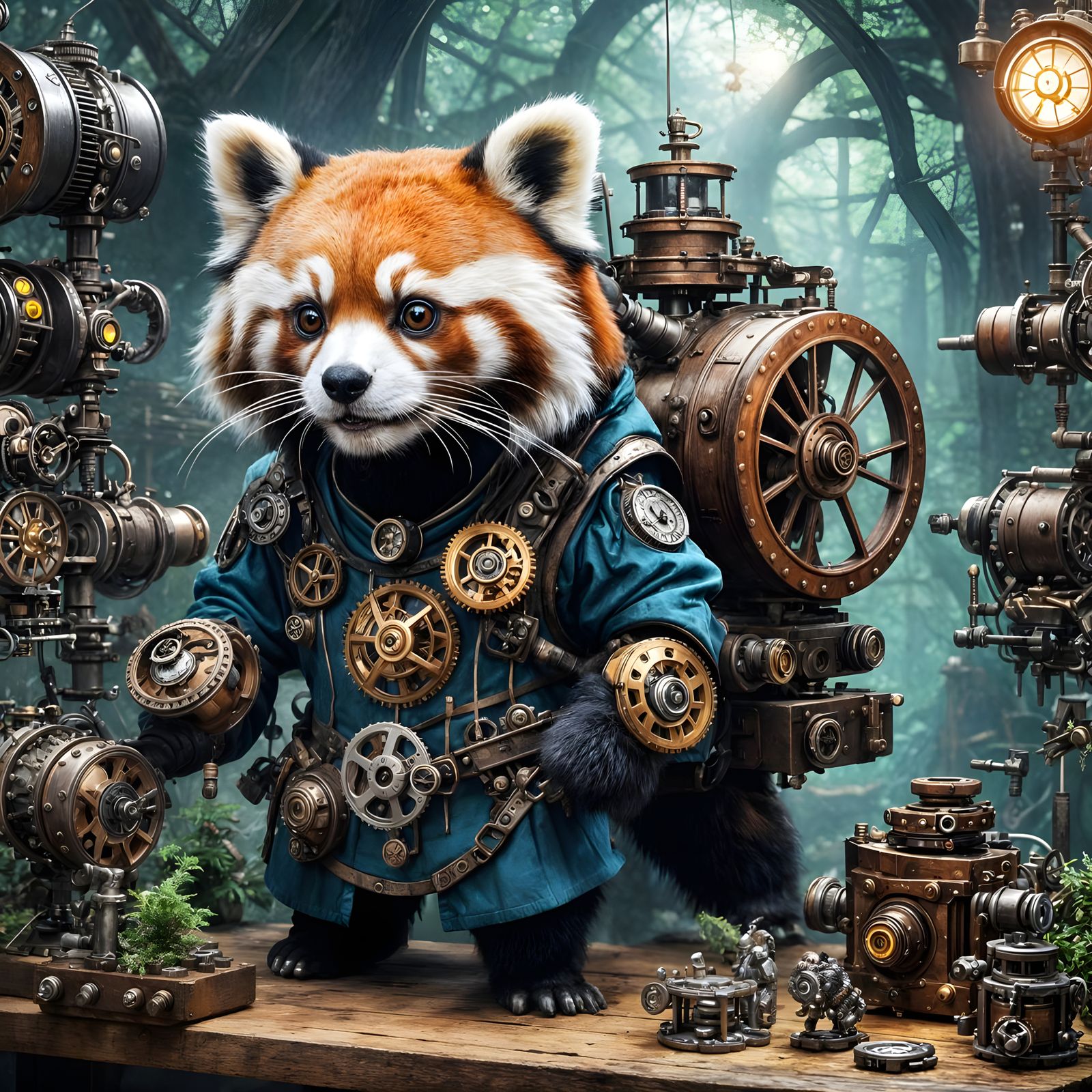 Steampunk Red Panda Inventor in Forest Workshop with Time Ma...