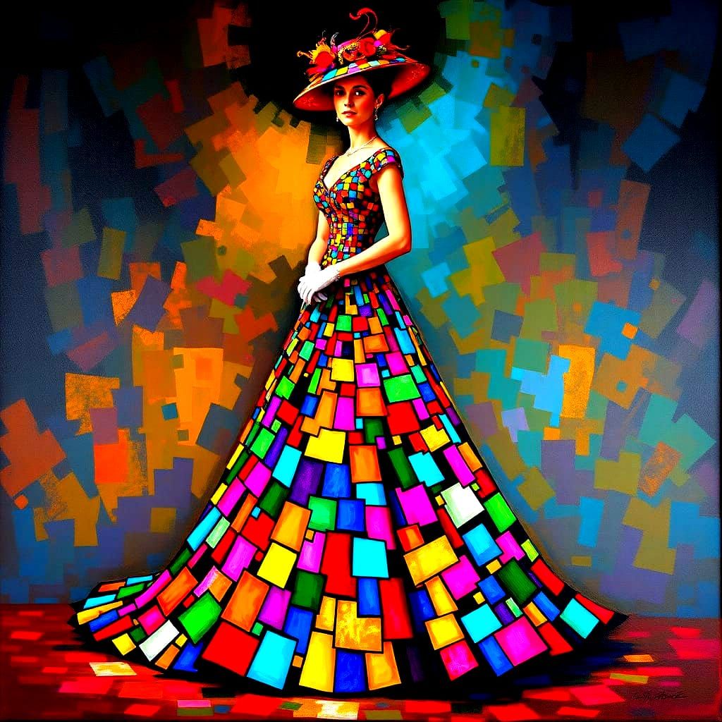 Elegant Lady in Vibrant Stained Glass Gown