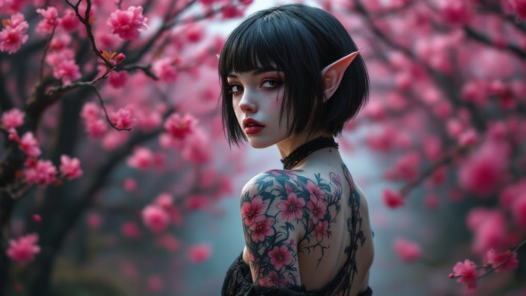 Goth Elf Girl in Deep, Fantastical Landscape