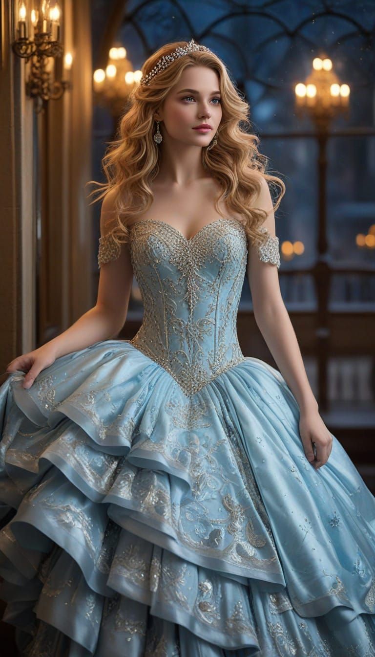Regal Cinderella in Whimsical Ball Gown with Soft, Ethereal...