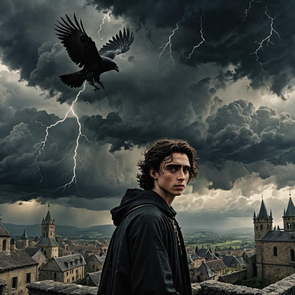 Medieval Man with Crow in Dramatic Storm