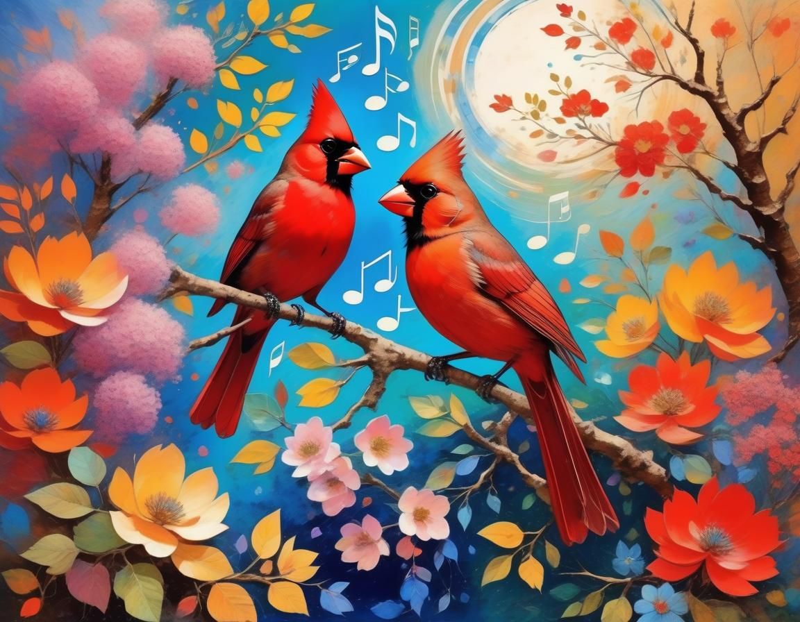 Singing Cardinal in Fantasy Floral Landscape