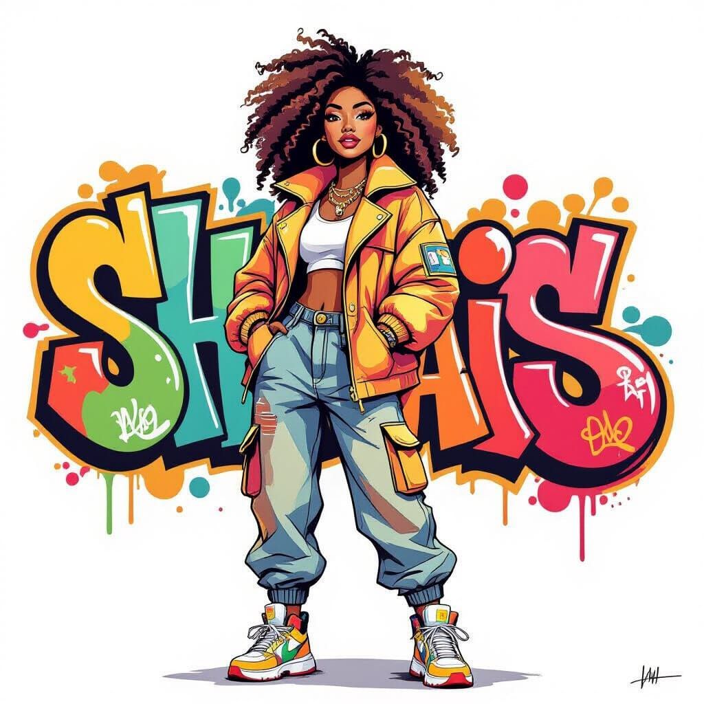 Afro-American Woman in Graffiti Jacket and Gold Accessories