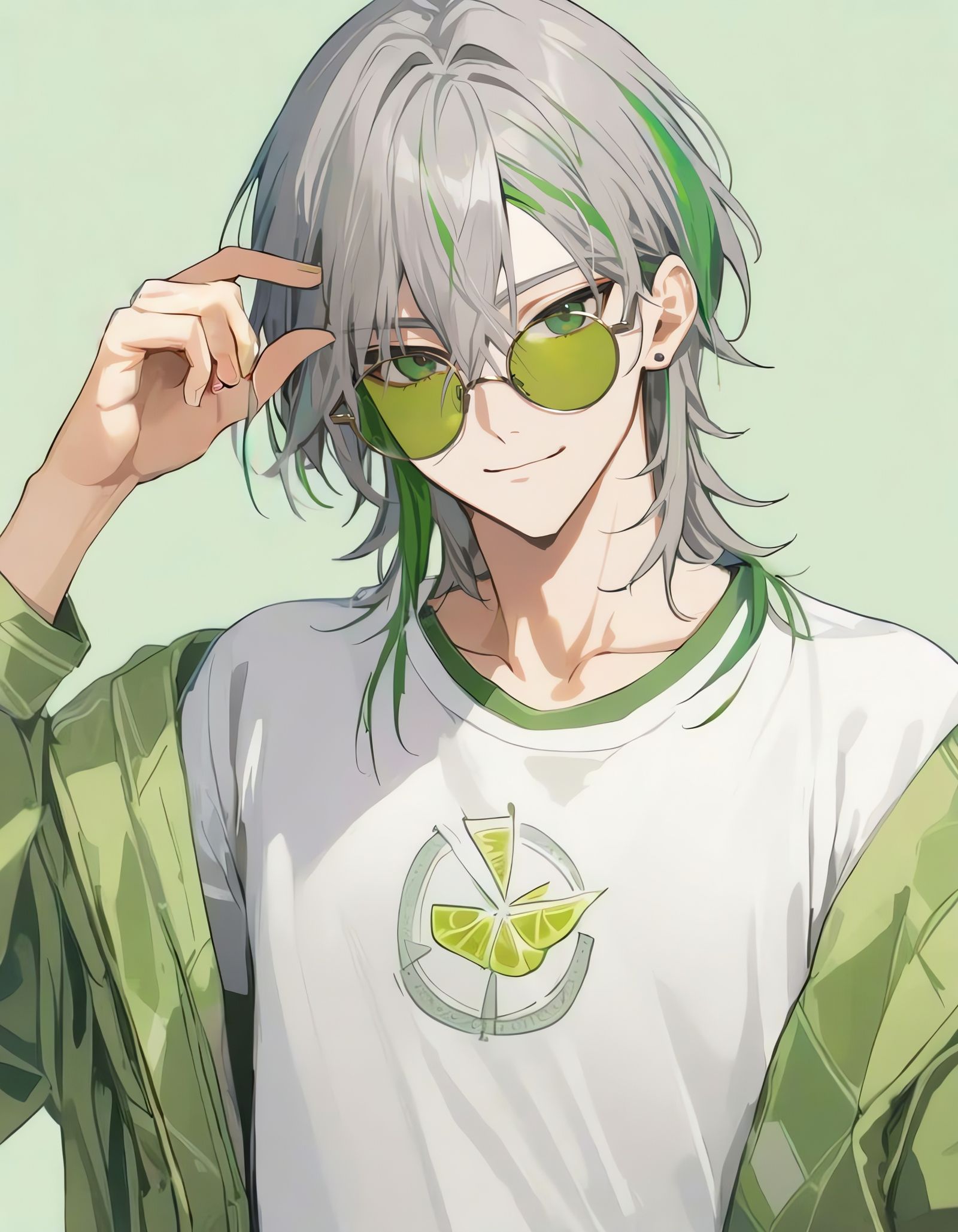 Bishounen Boy with Short Gray Hair and Green Streaked Locks ...