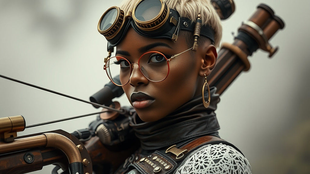 Steampunk Huntress with Crossbow: Hyperrealistic Film Still