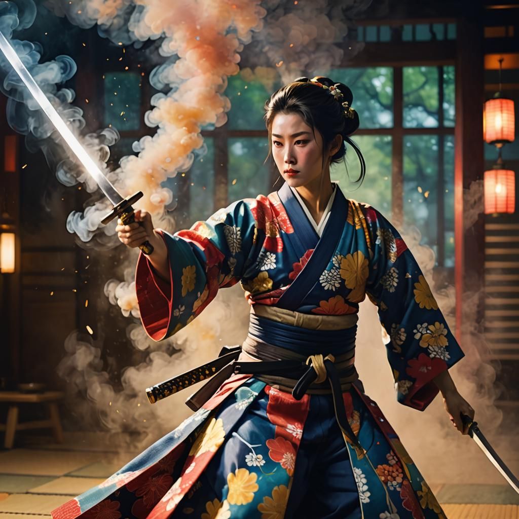 Dynamic Samurai Woman in Kimono, Hopper Lighting