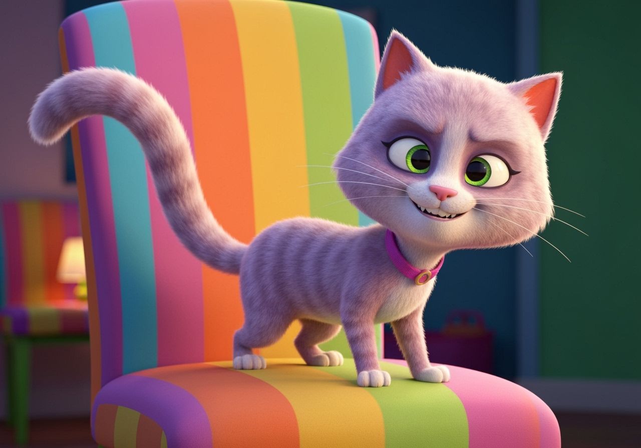 Cartoon Cat Perched on Rainbow Chair