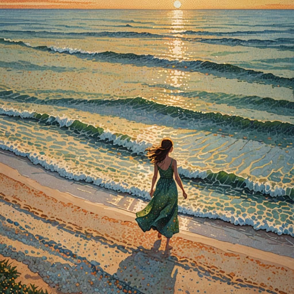 Pointillist Woman on Beach at Sunset