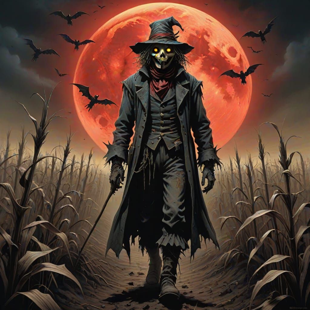 Dark Surrealism Scarecrow in Withered Cornfield