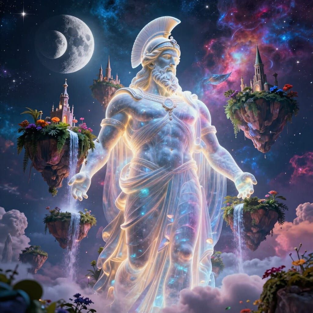 Cosmic God Statue Amidst Floating Islands and Nebulae