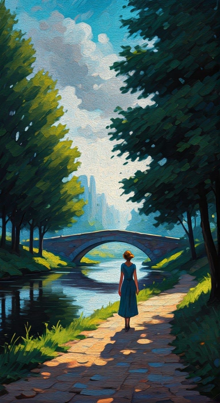 Serene Woman Amidst Lush Riverscape in Neo-Impressionist Sty...