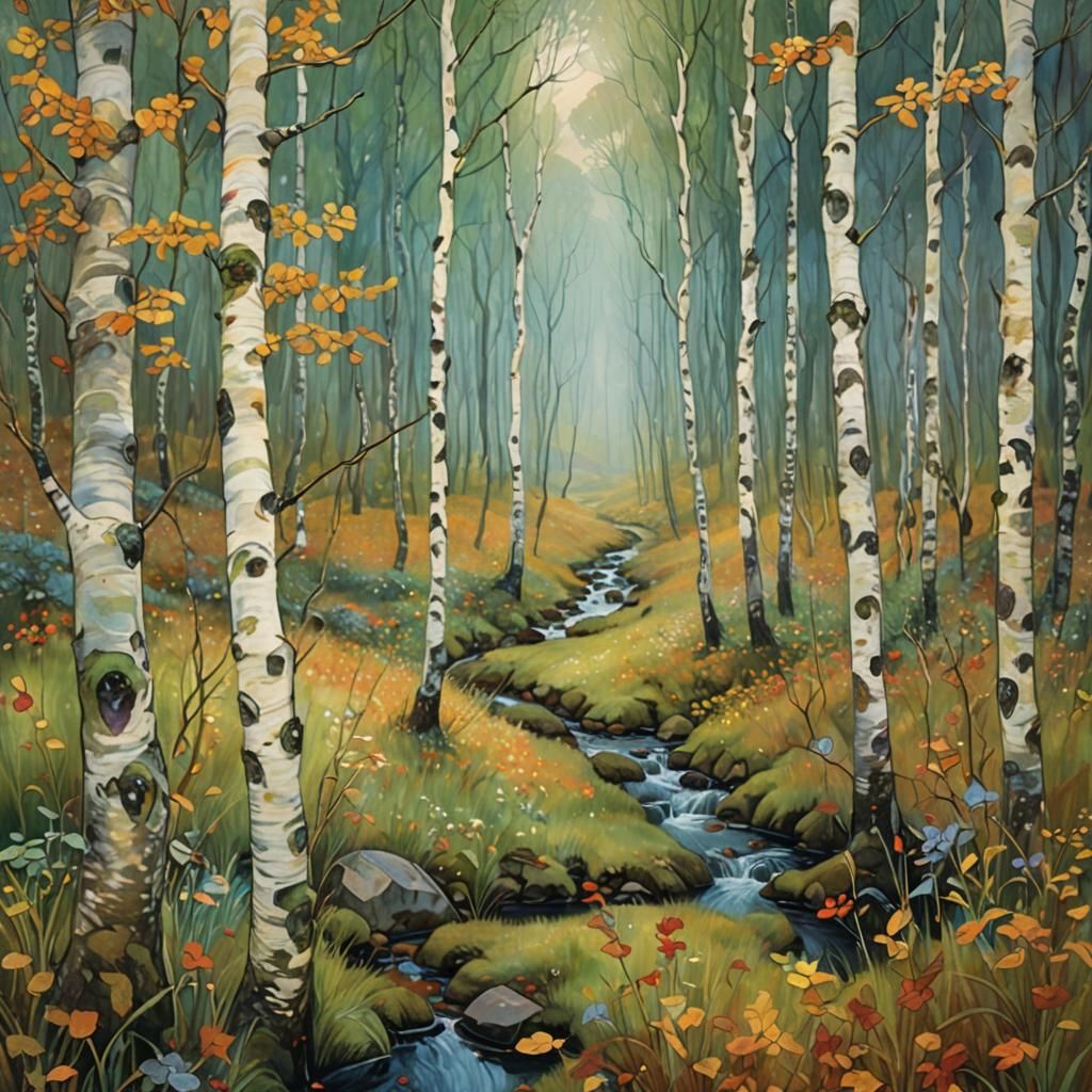 Autumnal Birch Forest Stream in Art Nouveau Style
