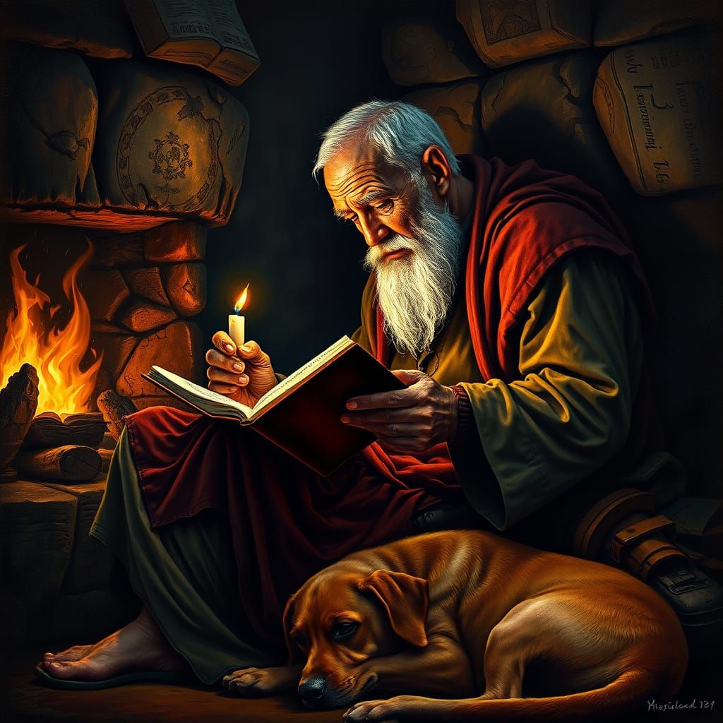 Elderly Man Reading by Candlelight with Labrador, Michelange...
