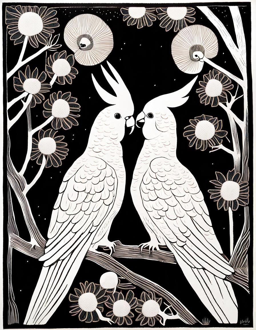 Cockatoos Feeding: A Linocut Relief Print