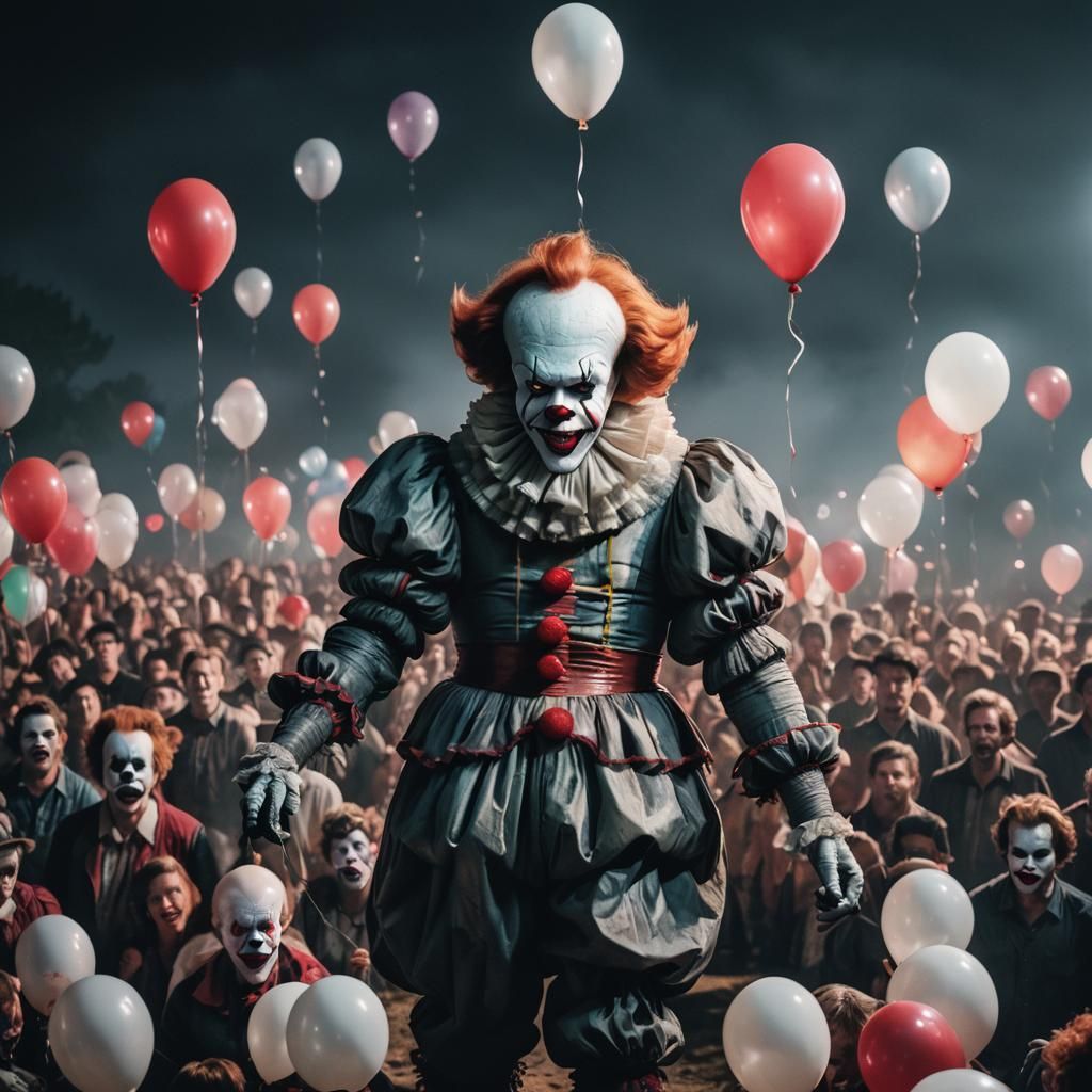 Terrifying Pennywise Clown with Balloons Under Full Moon