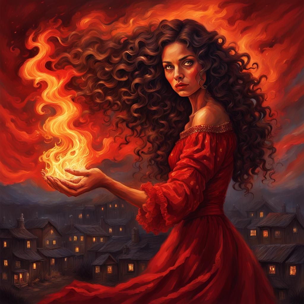 Gypsy Woman Controls Fire in Burning Town Portrait