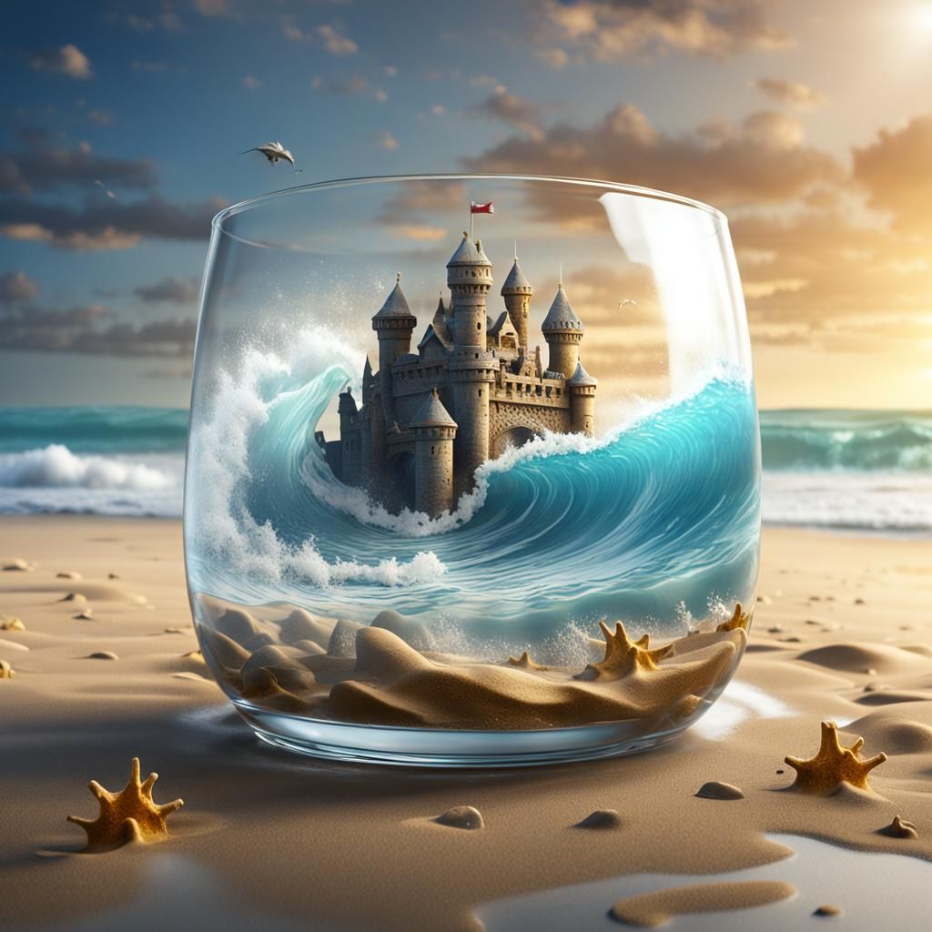 Sandcastle in Glass Washed by Wave, Splash Art