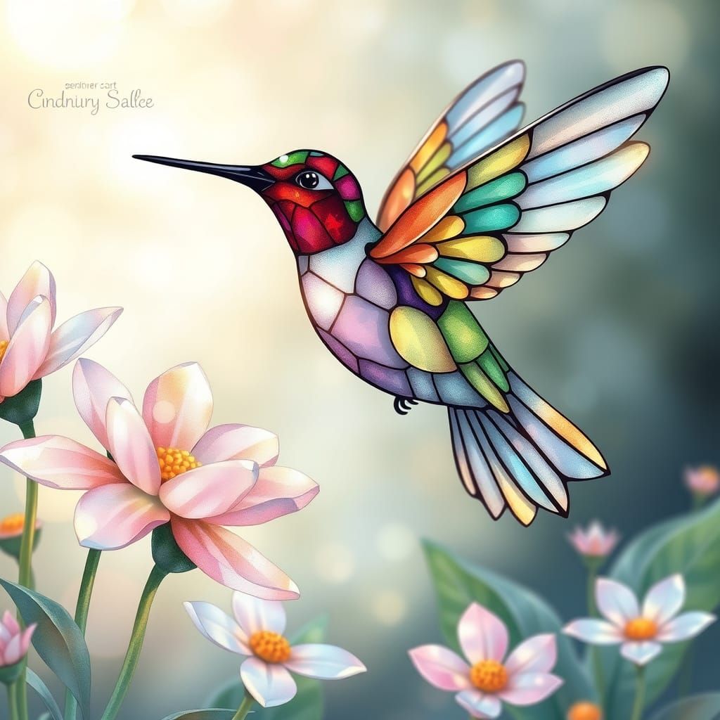 Stained Glass Hummingbird in Crystal Garden