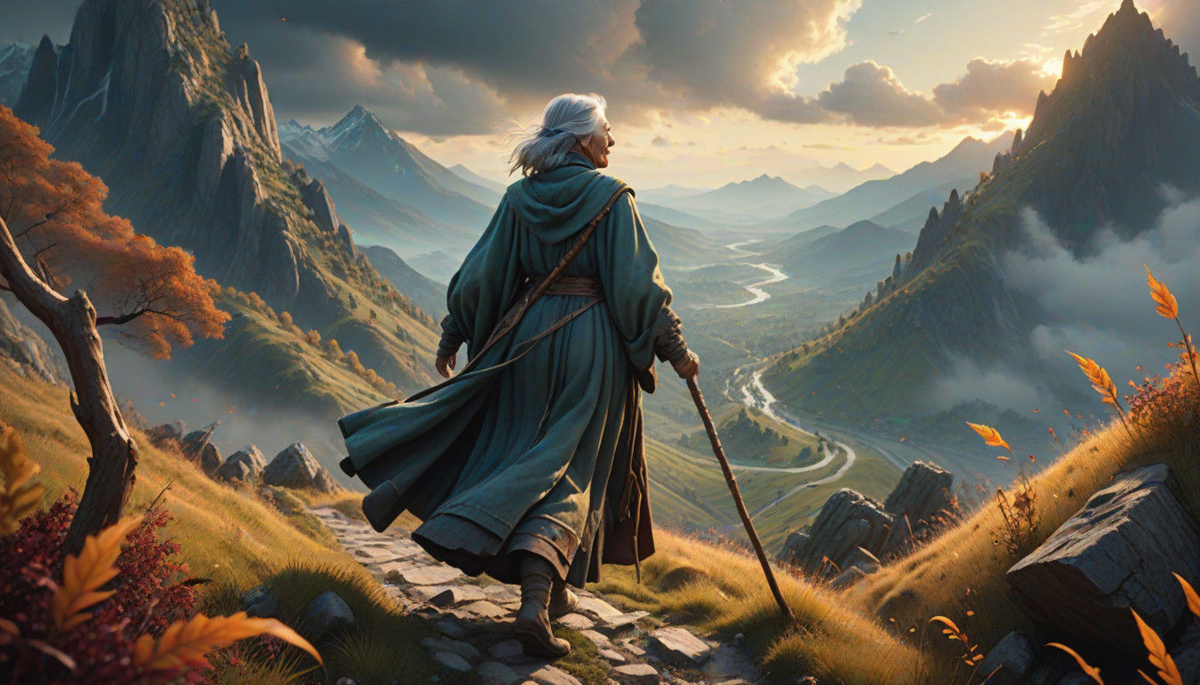 Elderly Sorceress Ascends Mountains in Vibrant Oil Painting