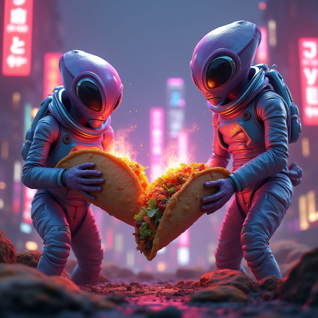 Iridescent Aliens Stealing Burritos in Neon Cityscape