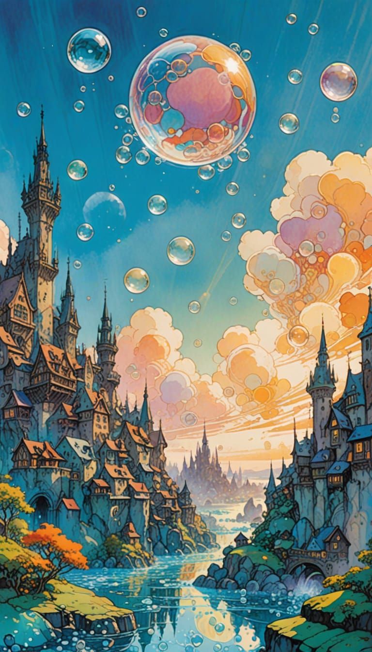 Dreamscape City with Floating Glass Bubbles in Watercolor St...