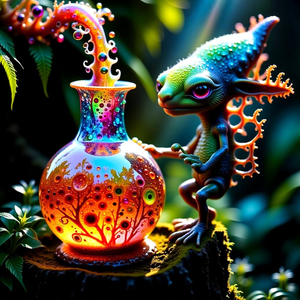 Wizard Pours Potion for Smiling Gnome Hybrid in Mystical For...