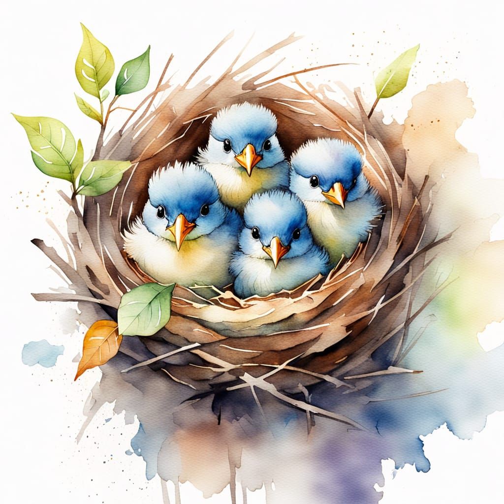 Watercolor Baby Birds in a Cozy Nest