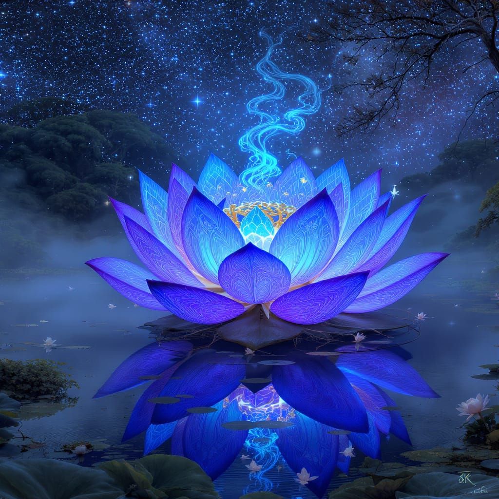 Bioluminescent Lotus Flower in Cosmic Illustration Style