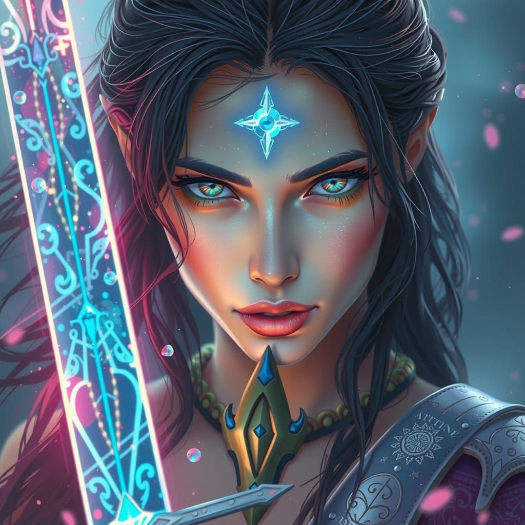 Ethereal Warrior Goddess in Vibrant Dreamland