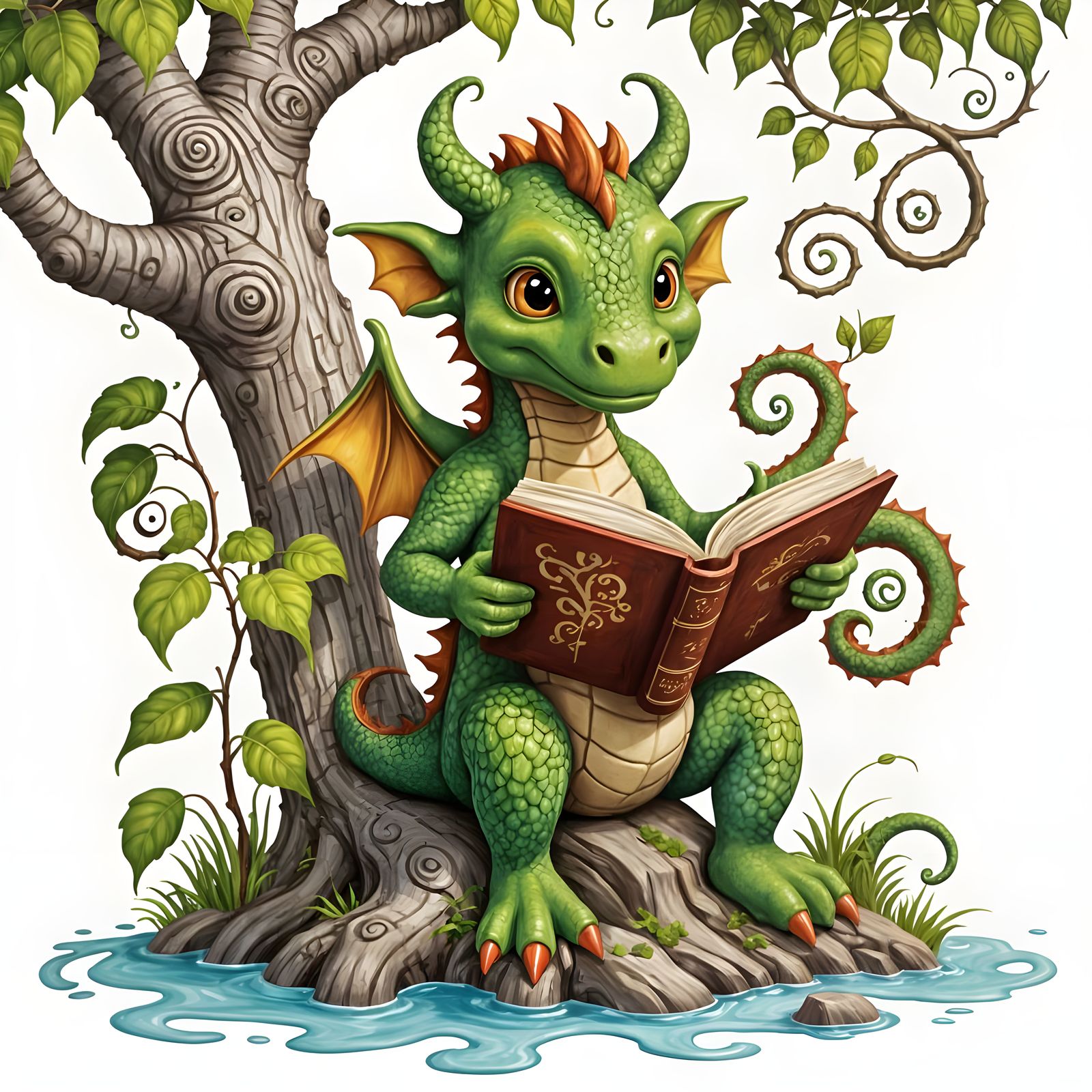 Whimsical Dragon Reading Book in Folk Art Style