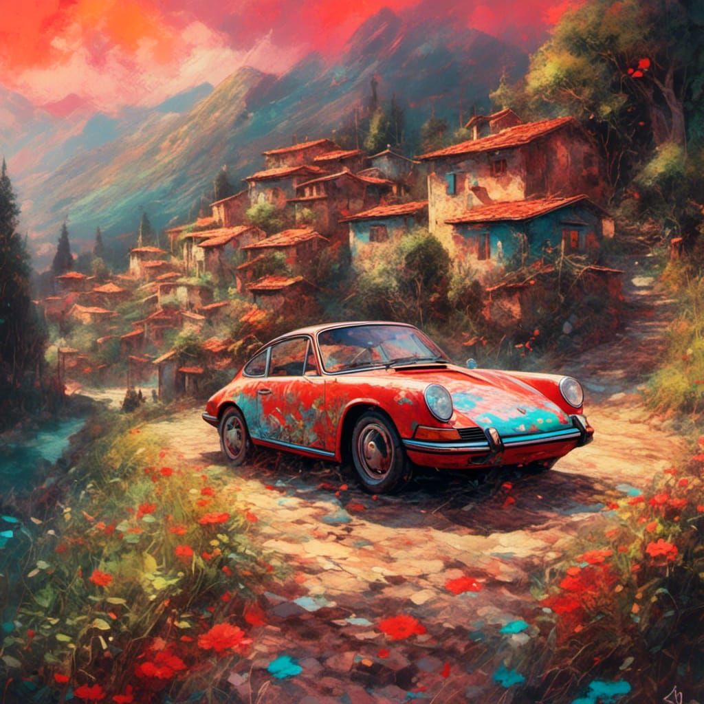 Porsche 911 in Italian Village, Impressionist Style