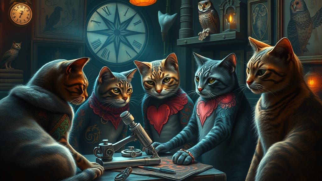 Whimsical Feline Gathering in an Enchanted Tattoo Parlor